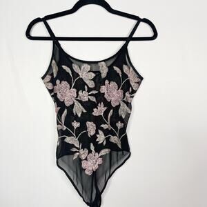 Express Womens XS Black Floral Embroidered Sheer Bodysuit Tank Top Scoop Thong